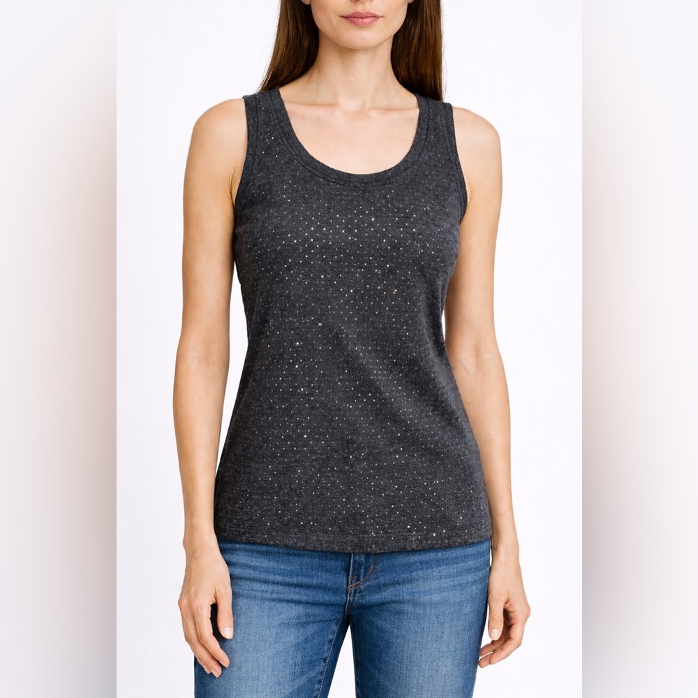 St. John Paillettes Charcoal Gray Micro Square Sequin Stretch Tank Top, Large